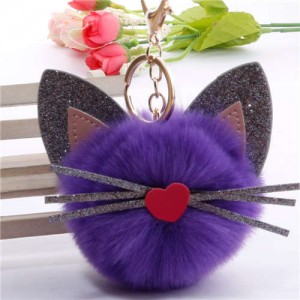 Cute Cat Head with Long Whiskers Fluffy Ball Pendant Accessories Wholesale Key Chain - Purple
