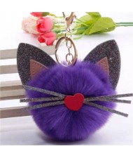 Cute Cat Head with Long Whiskers Fluffy Ball Pendant Accessories Wholesale Key Chain - Purple
