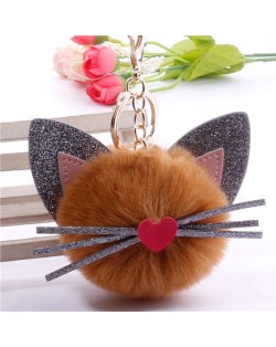Cute Cat Head with Long Whiskers Fluffy Ball Pendant Accessories Wholesale Key Chain - Brown