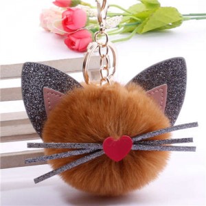 Cute Cat Head with Long Whiskers Fluffy Ball Pendant Accessories Wholesale Key Chain - Brown