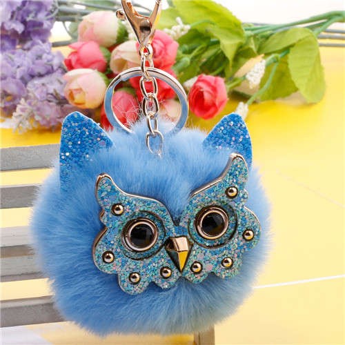 JewelryBund Cute Owl Fluffy Ball Popular Car Pendant Women Accessories Wholesale Key Chain - Blue