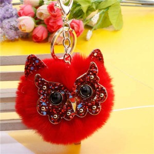 Cute Owl Fluffy Ball Popular Car Pendant Women Accessories Wholesale Key Chain - Red