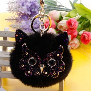 Cute Owl Fluffy Ball Popular Car Pendant Women Accessories Wholesale Key Chain - Black