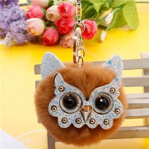 Cute Owl Fluffy Ball Popular Car Pendant Women Accessories Wholesale Key Chain - Brown