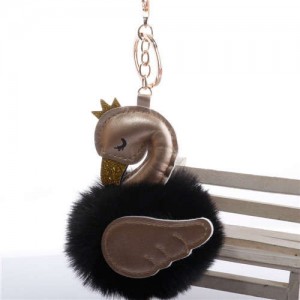 Lovely Swan Fluffy Ball Women Car Pendant Unique Design Accessories Wholesale Key Chain - Black
