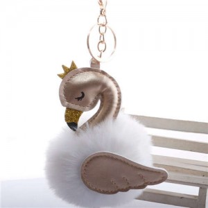 Lovely Swan Fluffy Ball Women Car Pendant Unique Design Accessories Wholesale Key Chain - White