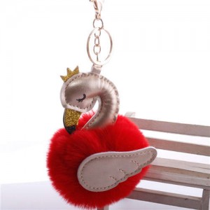 Lovely Swan Fluffy Ball Women Car Pendant Unique Design Accessories Wholesale Key Chain - Red