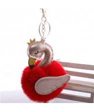 Lovely Swan Fluffy Ball Women Car Pendant Unique Design Accessories Wholesale Key Chain - Red