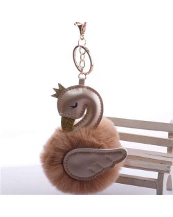 Lovely Swan Fluffy Ball Women Car Pendant Unique Design Accessories Wholesale Key Chain - Khaki