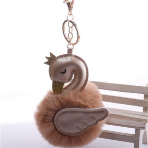 Lovely Swan Fluffy Ball Women Car Pendant Unique Design Accessories Wholesale Key Chain - Khaki