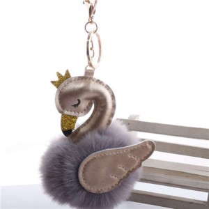 Lovely Swan Fluffy Ball Women Car Pendant Unique Design Accessories Wholesale Key Chain - Golden Gray