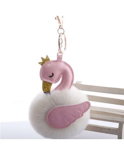 Lovely Swan Fluffy Ball Women Car Pendant Unique Design Accessories Wholesale Key Chain - Pink Milk White