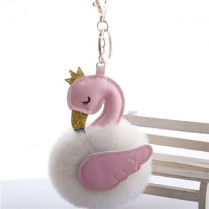 Lovely Swan Fluffy Ball Women Car Pendant Unique Design Accessories Wholesale Key Chain - Pink Milk White