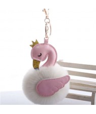 Lovely Swan Fluffy Ball Women Car Pendant Unique Design Accessories Wholesale Key Chain - Pink Milk White