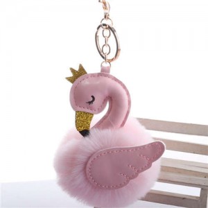 Lovely Swan Fluffy Ball Women Car Pendant Unique Design Accessories Wholesale Key Chain - Pink