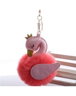Lovely Swan Fluffy Ball Women Car Pendant Unique Design Accessories Wholesale Key Chain - Watermelon Red
