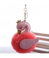 Lovely Swan Fluffy Ball Women Car Pendant Unique Design Accessories Wholesale Key Chain - Watermelon Red