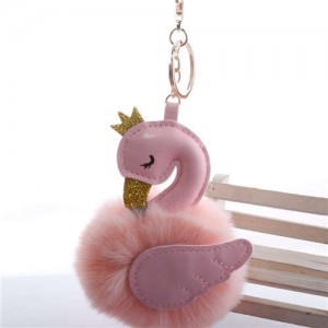 Lovely Swan Fluffy Ball Women Car Pendant Unique Design Accessories Wholesale Key Chain - Korean Pink