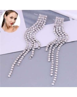 Super Shining Rhinestone Tassel Design Korean Fashion Wholesale Earrings - Silver