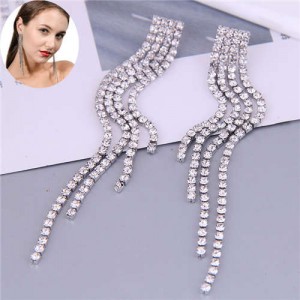 Super Shining Rhinestone Tassel Design Korean Fashion Wholesale Earrings - Silver
