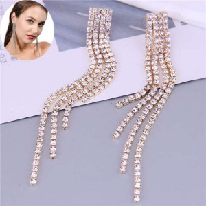 Super Shining Rhinestone Tassel Design Korean Fashion Wholesale Earrings - Golden