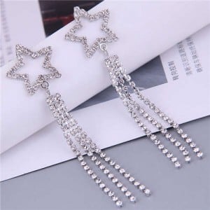 Rhinestone Embellished Star and Tassel Combo Party Fashion Women Wholesale Costume Earrings - Silver