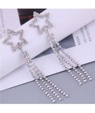 Rhinestone Embellished Star and Tassel Combo Party Fashion Women Wholesale Costume Earrings - Silver