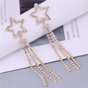 Rhinestone Embellished Star and Tassel Combo Party Fashion Women Wholesale Costume Earrings - Golden