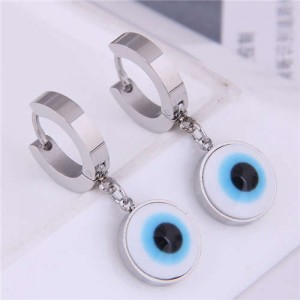 Eyeball Pendant Unique Design U.S. Fashion Titanium Wholesale Huggie Earrings - Silver