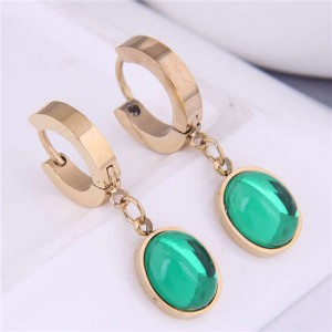 Elegant Green Gem Pendants Korean Fashion Titanium Wholesale Huggie Earrings