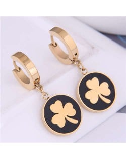 Clover Round Pendant Korean Fashion Delicate Wholesale Huggie Earrings - Golden and Black