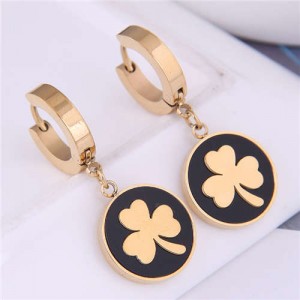 Clover Round Pendant Korean Fashion Delicate Wholesale Huggie Earrings - Golden and Black