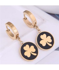 Clover Round Pendant Korean Fashion Delicate Wholesale Huggie Earrings - Golden and Black