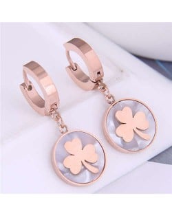 Clover Round Pendant Korean Fashion Delicate Wholesale Huggie Earrings - Rose Gold