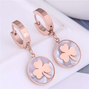 Clover Round Pendant Korean Fashion Delicate Wholesale Huggie Earrings - Rose Gold