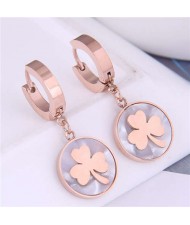 Clover Round Pendant Korean Fashion Delicate Wholesale Huggie Earrings - Rose Gold