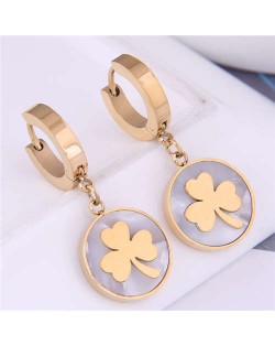 Clover Round Pendant Korean Fashion Delicate Wholesale Huggie Earrings - Golden