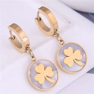 Clover Round Pendant Korean Fashion Delicate Wholesale Huggie Earrings - Golden