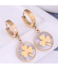 Clover Round Pendant Korean Fashion Delicate Wholesale Huggie Earrings - Golden