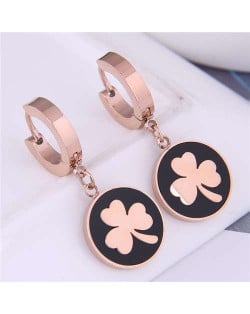 Clover Round Pendant Korean Fashion Delicate Wholesale Huggie Earrings - Rose Gold and Black