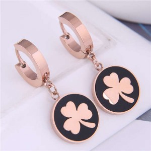 Clover Round Pendant Korean Fashion Delicate Wholesale Huggie Earrings - Rose Gold and Black