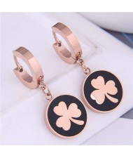 Clover Round Pendant Korean Fashion Delicate Wholesale Huggie Earrings - Rose Gold and Black