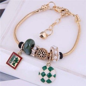 Mahjong and Checkered Round Pendants Beads High Fashion Women Wholesale Bracelet - Green