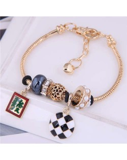 Mahjong and Checkered Round Pendants Beads High Fashion Women Wholesale Bracelet - Black