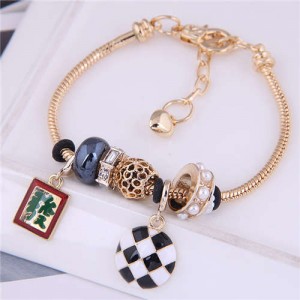 Mahjong and Checkered Round Pendants Beads High Fashion Women Wholesale Bracelet - Black