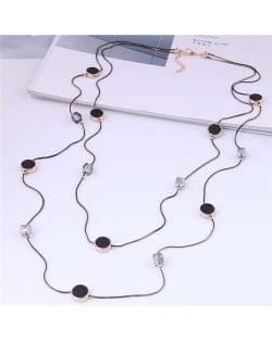 Cube and Black Rounds Combo Dual Layers Korean Fashion Sweater Chain Long Wholesale Necklace