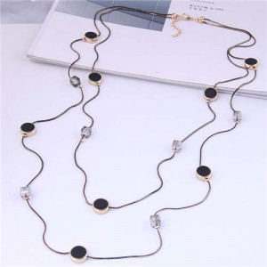 Cube and Black Rounds Combo Dual Layers Korean Fashion Sweater Chain Long Wholesale Necklace