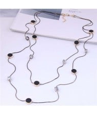 Cube and Black Rounds Combo Dual Layers Korean Fashion Sweater Chain Long Wholesale Necklace