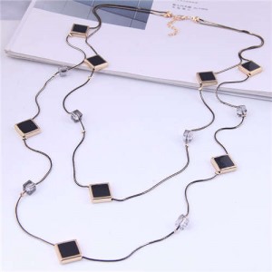 Cube and Black Squares Combo Dual Layers U.S. Fashion Sweater Chain Wholesale Costume Necklace