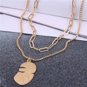 Delicate Lady Profile Pendant Wholesale Jewelry Dual Layers High Fashion Costume Necklace - Golden